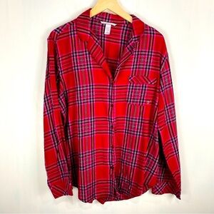 Victoria's Secret Plaid Button Up‎ Down Flannel Pajama Sleep Shirt Top Medium